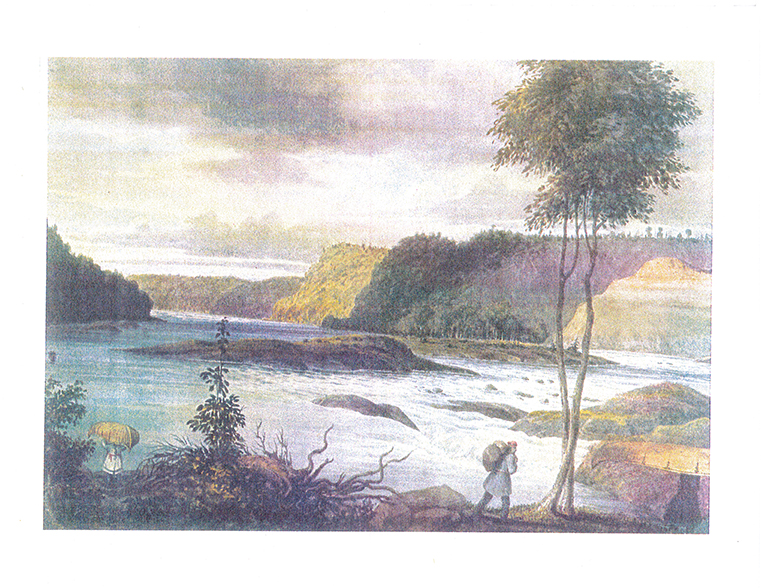 Peinture r&eacute;alis&eacute;e par Philip John Bainbridge en 1837 repr&eacute;sentant le site de La Gabelle avant la construction du barrage.