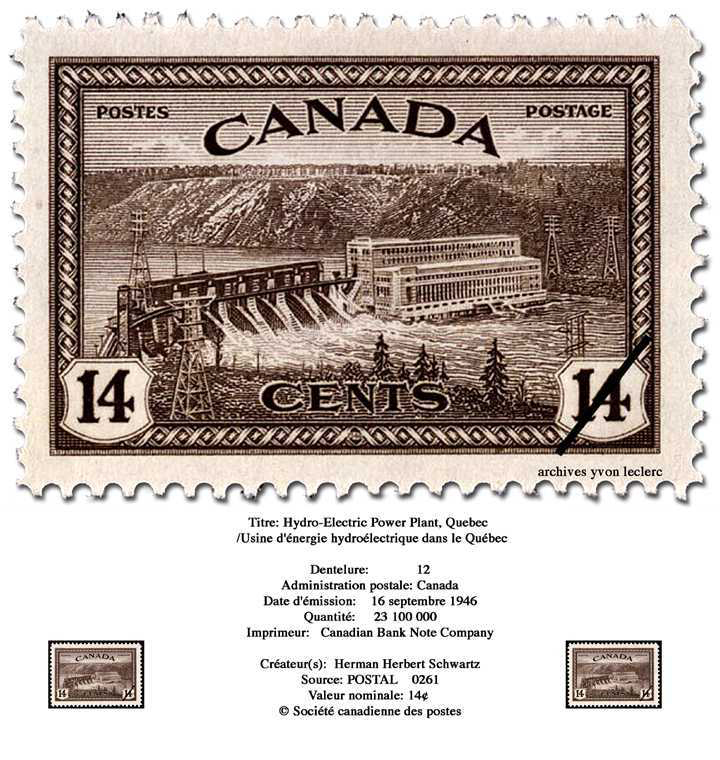Timbre cr&eacute;&eacute; par Herman Herbert Schwartz et &eacute;mis le 16 septembre 1946 repr&eacute;sentant le barrage La Gabelle.